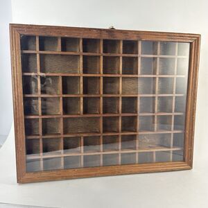 Vintage Wood Knick Knack Miniatures Display Shelf 59 Compartment Box Glass